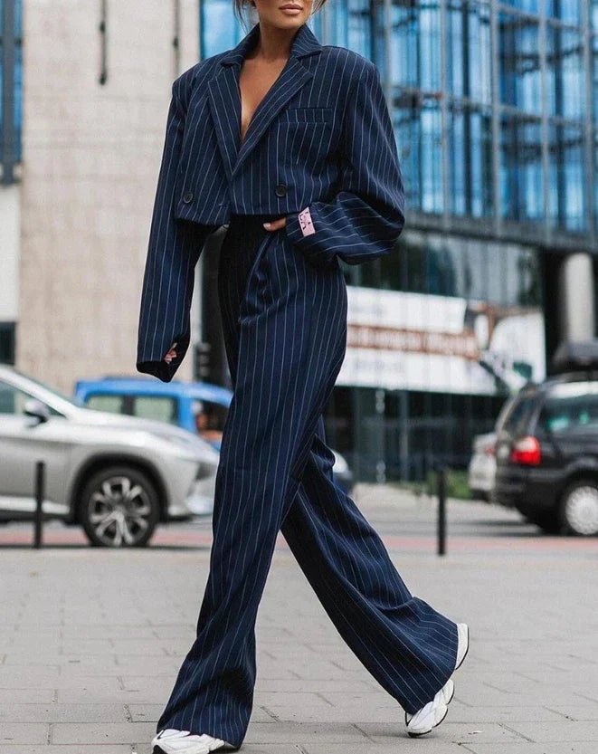 Suit Set Women Two Piece Striped Blazer Straight Leg - Evergreen Outfits - Women Set