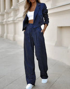 Suit Set Women Two Piece Striped Blazer Straight Leg - Evergreen Outfits - Women Set