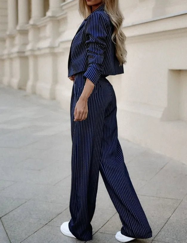 Suit Set Women Two Piece Striped Blazer Straight Leg - Evergreen Outfits - Women Set