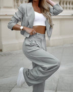 Suit Set Women Two Piece Striped Blazer Straight Leg - Evergreen Outfits - Women Set