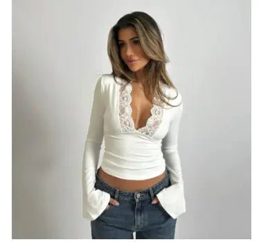 T-Shirt Women Long Sleeve V - Neck Lace Trim Fitted Top - Evergreen Outfits - Women Top