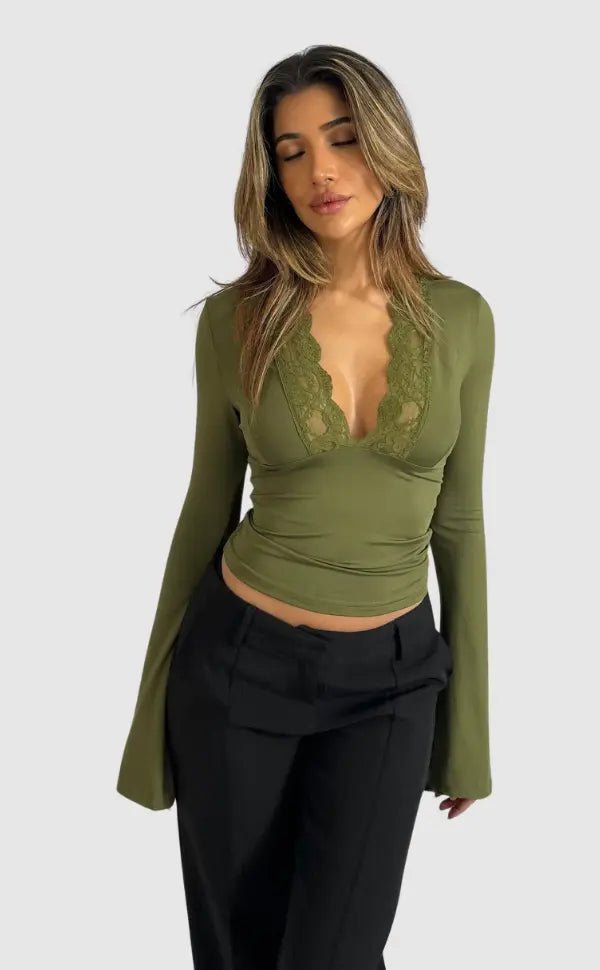 T-Shirt Women Long Sleeve V - Neck Lace Trim Fitted Top - Evergreen Outfits - Women Top