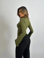 T-Shirt Women Long Sleeve V - Neck Lace Trim Fitted Top - Evergreen Outfits - Women Top