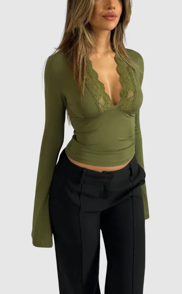 T-Shirt Women Long Sleeve V - Neck Lace Trim Fitted Top - Evergreen Outfits - Women Top