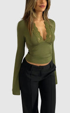T-Shirt Women Long Sleeve V - Neck Lace Trim Fitted Top - Evergreen Outfits - Women Top