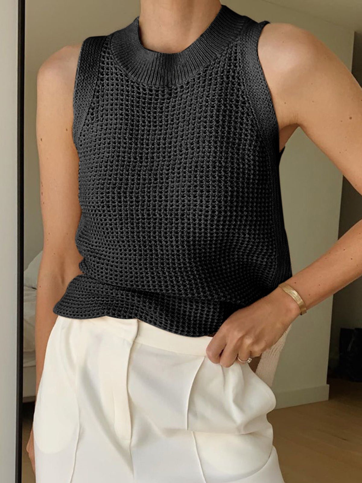 Tank Top Women Sleeveless Hollow Knit Ribbed Collar - Evergreen Outfits - Women Top
