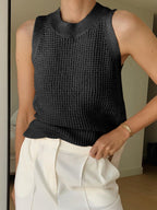 Tank Top Women Sleeveless Hollow Knit Ribbed Collar - Evergreen Outfits - Women Top