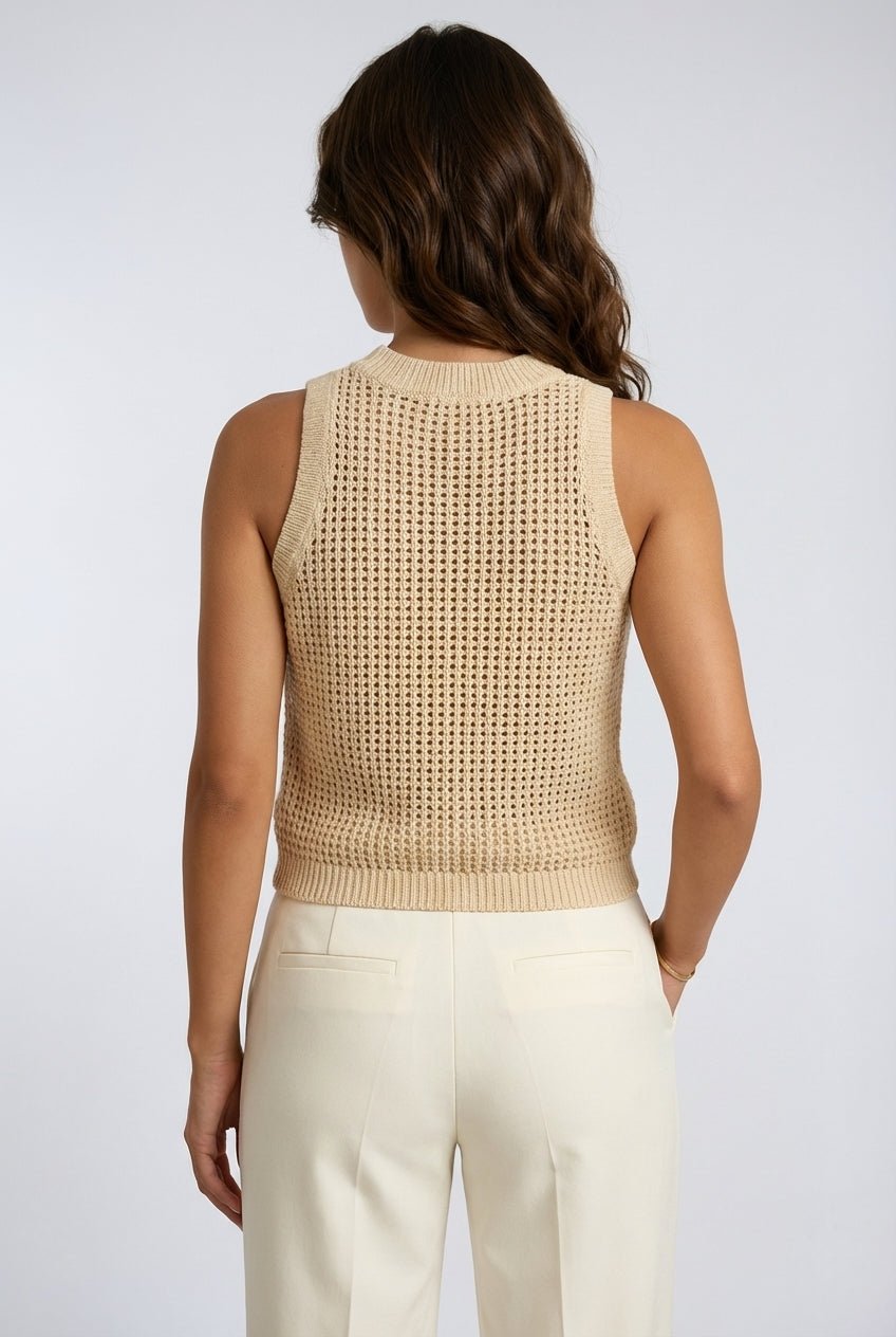 Tank Top Women Sleeveless Hollow Knit Ribbed Collar - Evergreen Outfits - Women Top