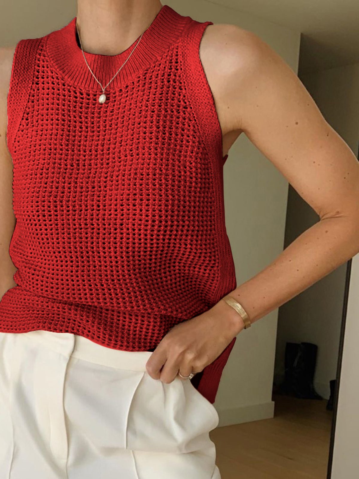 Tank Top Women Sleeveless Hollow Knit Ribbed Collar - Evergreen Outfits - Women Top