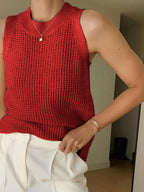 Tank Top Women Sleeveless Hollow Knit Ribbed Collar - Evergreen Outfits - Women Top