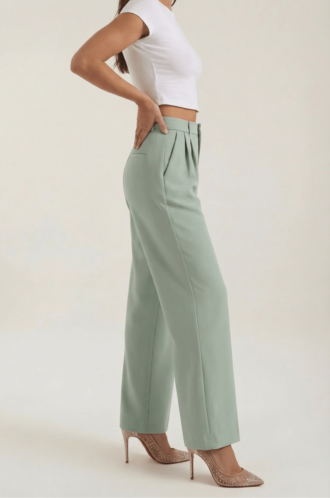 Trousers Women High Waisted Wide Leg Pleated Full Length - Evergreen Outfits - Women Pants