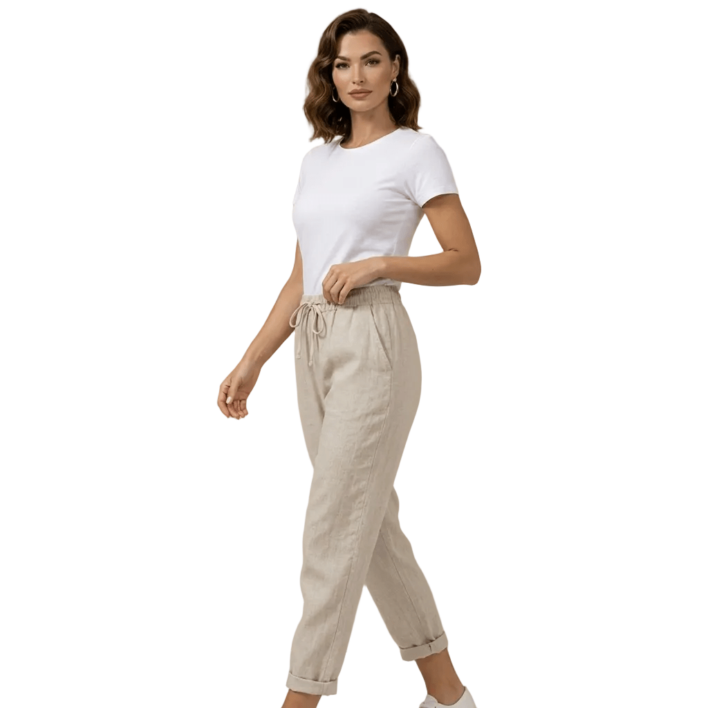 Trousers Women Linen Relaxed Fit Drawstring Full Length - Evergreen Outfits - Women Pants