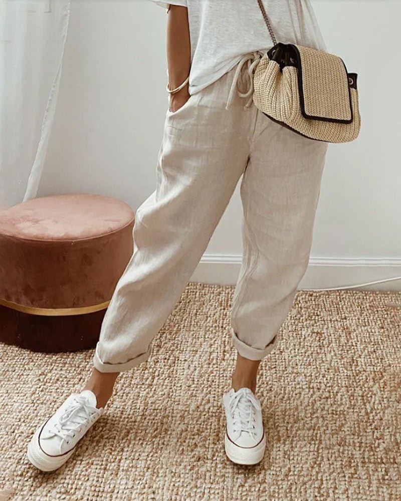 Trousers Women Linen Relaxed Fit Drawstring Full Length - Evergreen Outfits - Women Pants