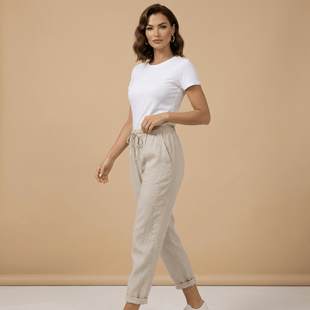 Trousers Women Linen Relaxed Fit Drawstring Full Length - Evergreen Outfits - Women Pants