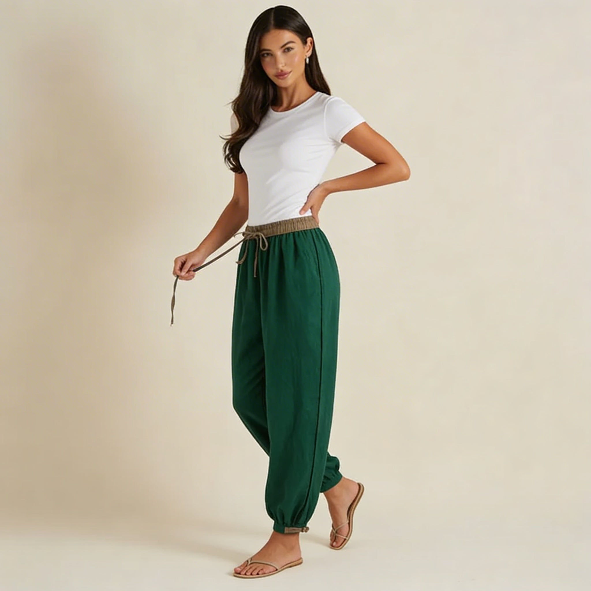Trousers Women Relaxed Fit Drawstring Linen Full Length - Evergreen Outfits - Women Pants