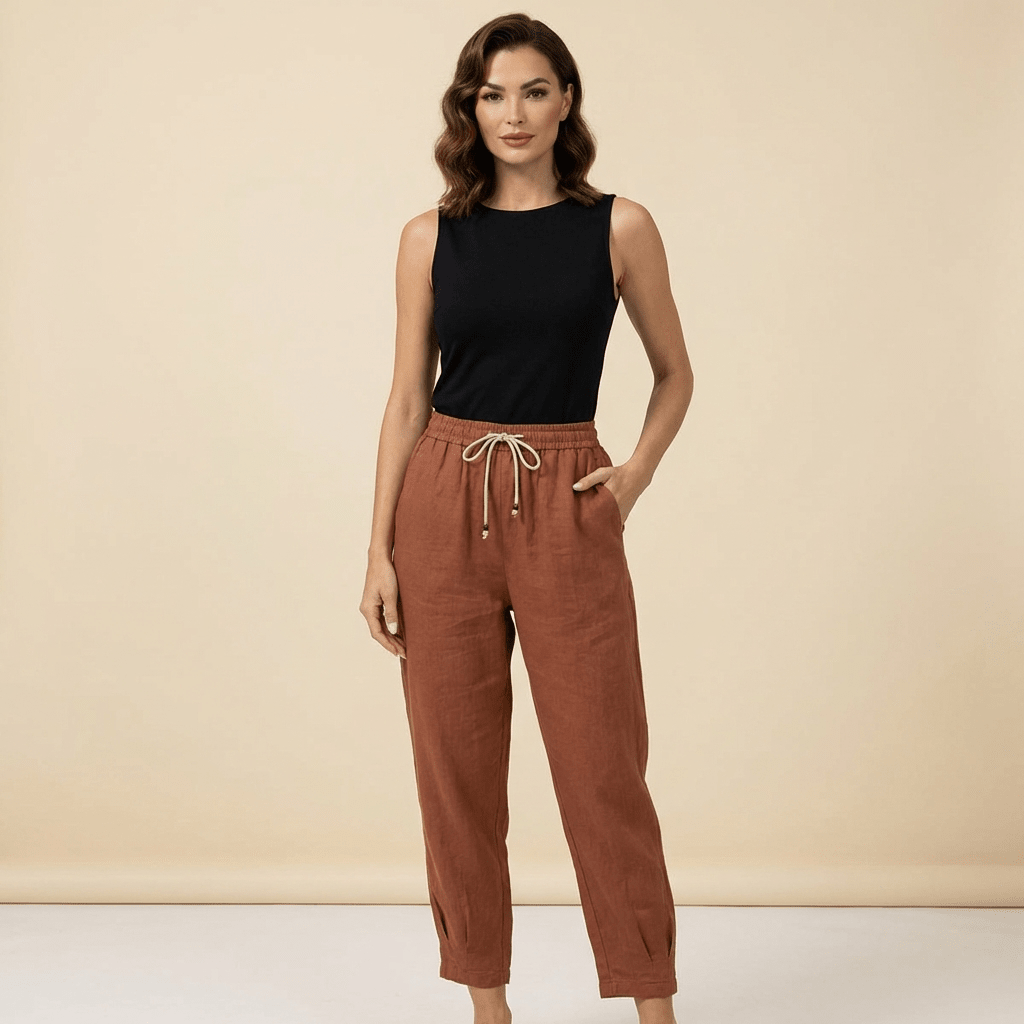 Trousers Women Relaxed Fit Tapered Leg Drawstring Linen - Evergreen Outfits - Women Pants