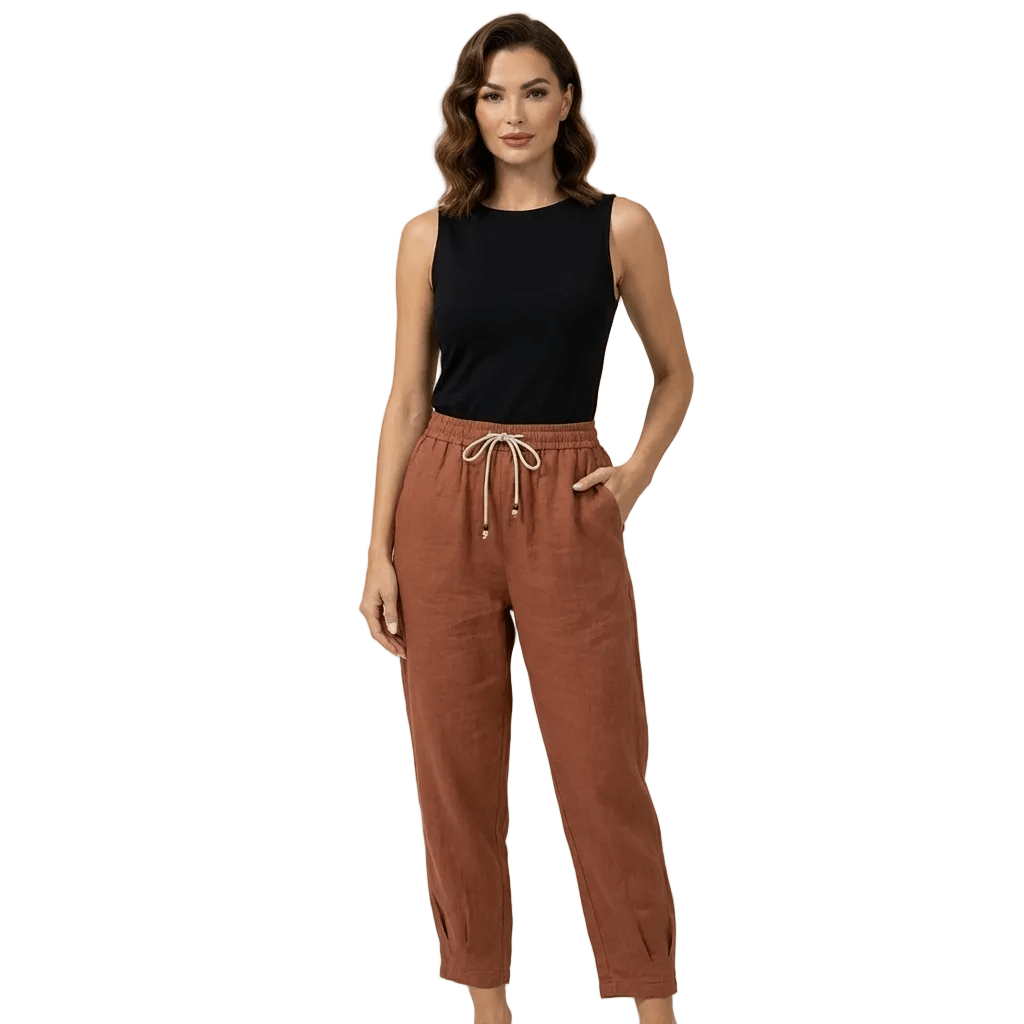 Trousers Women Relaxed Fit Tapered Leg Drawstring Linen - Evergreen Outfits - Women Pants