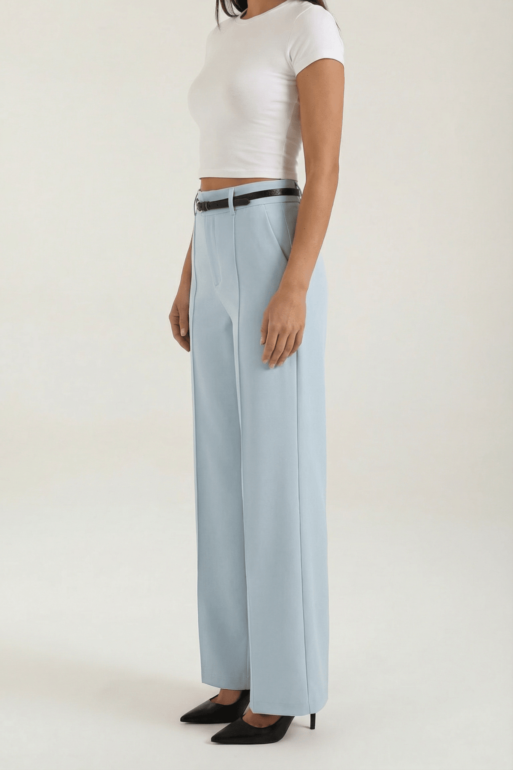 Trousers Women Wide Leg Fit Front Pleated Belted Waist - Evergreen Outfits - Women Pants