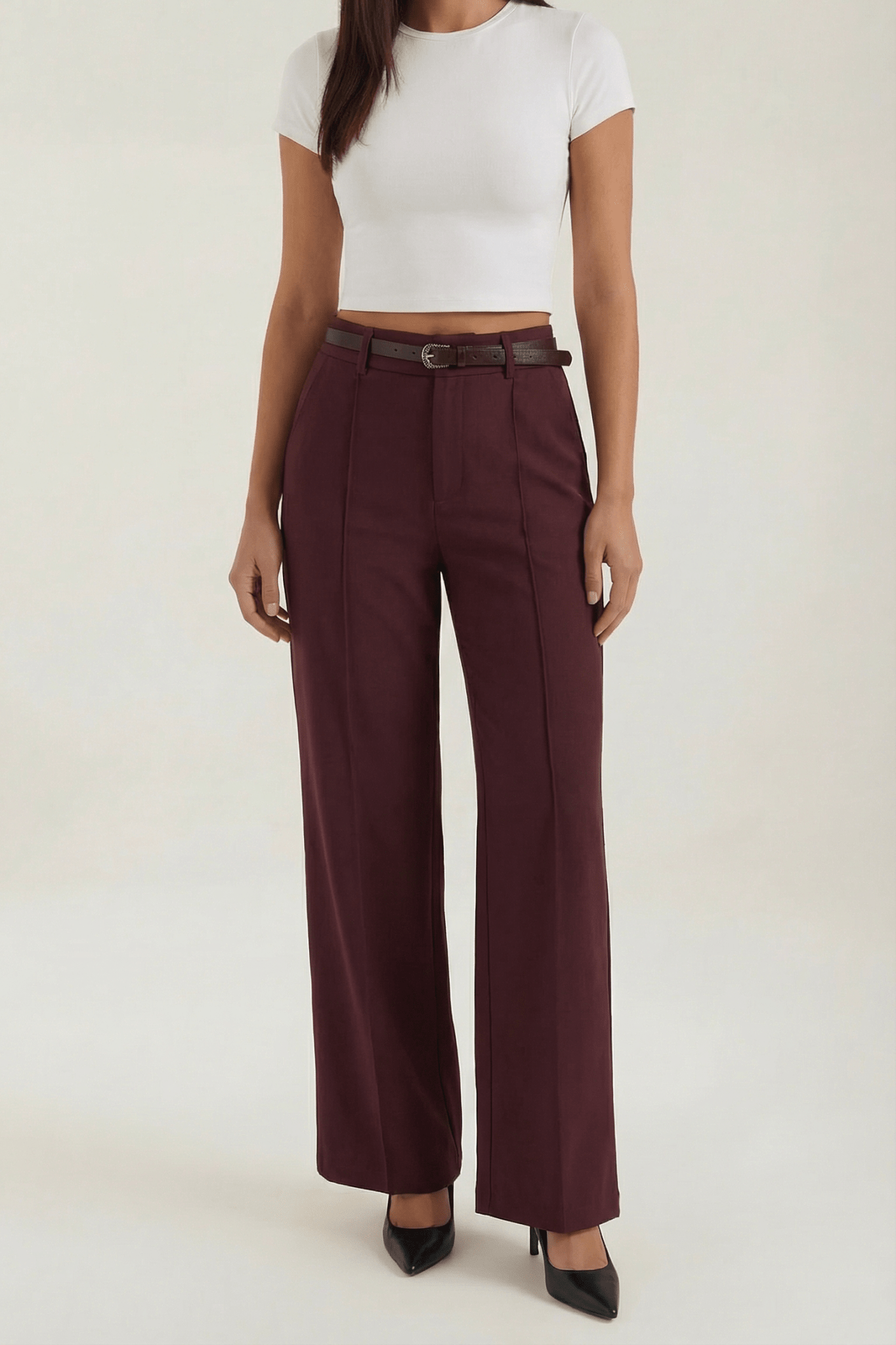 Trousers Women Wide Leg Fit Front Pleated Belted Waist - Evergreen Outfits - Women Pants