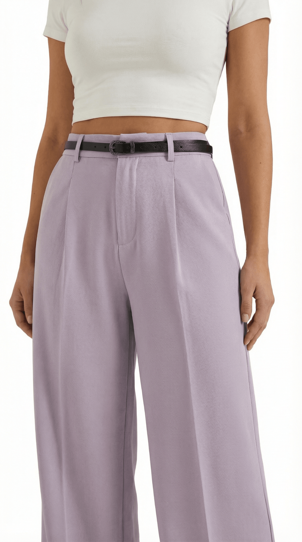 Trousers Women Wide Leg Fit Front Pleated Belted Waist - Evergreen Outfits - Women Pants