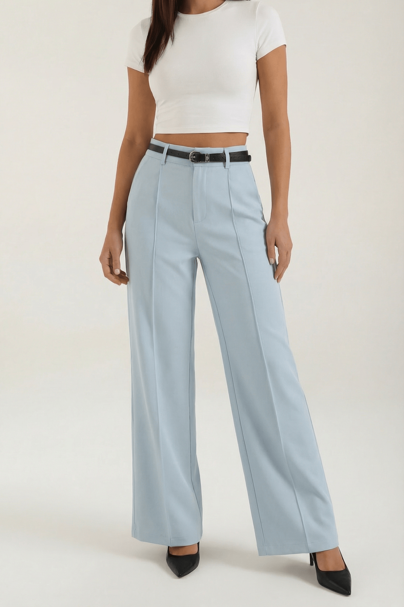 Trousers Women Wide Leg Fit Front Pleated Belted Waist - Evergreen Outfits - Women Pants