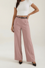 Trousers Women Wide Leg Fit Front Pleated Belted Waist - Evergreen Outfits - Women Pants