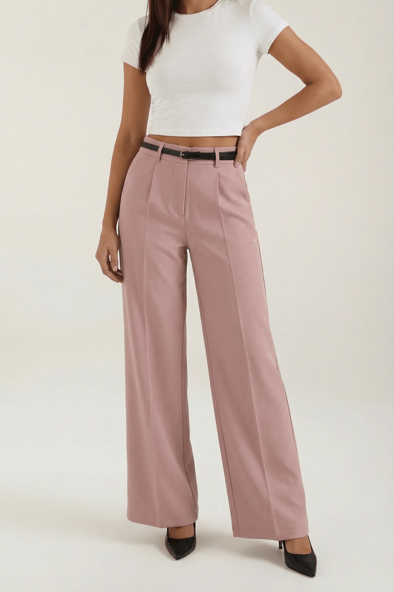 Trousers Women Wide Leg Fit Front Pleated Belted Waist - Evergreen Outfits - Women Pants