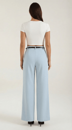 Trousers Women Wide Leg Fit Front Pleated Belted Waist - Evergreen Outfits - Women Pants