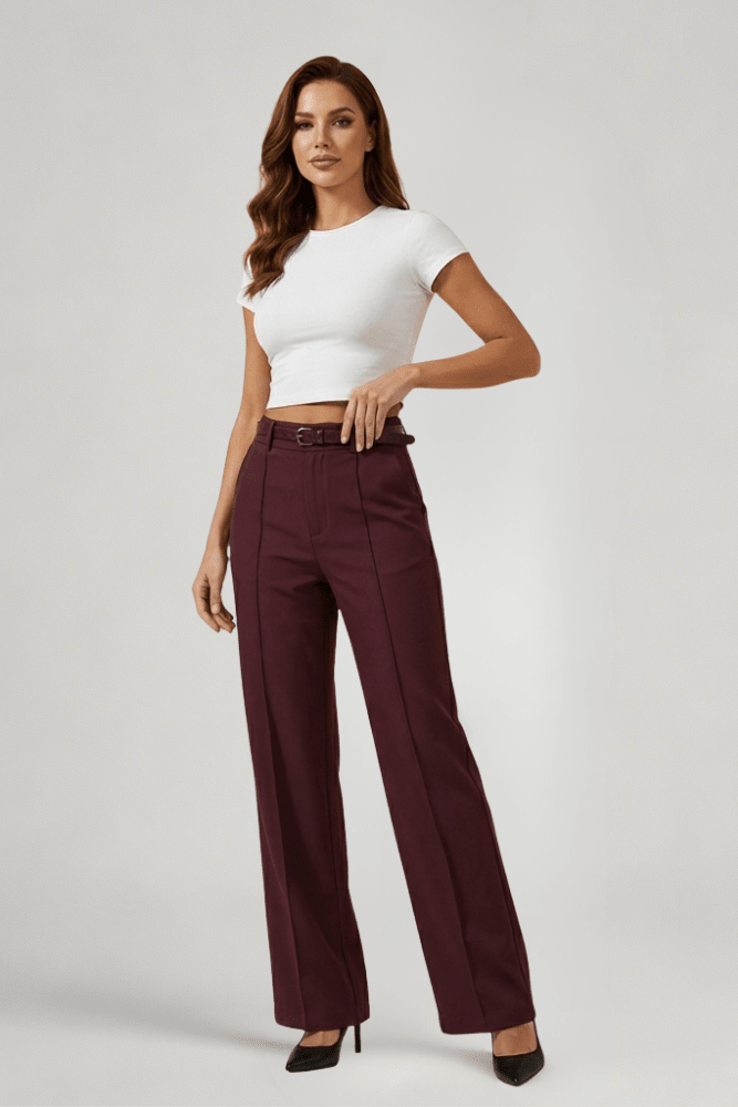 Trousers Women Wide Leg Fit Front Pleated Belted Waist - Evergreen Outfits - Women Pants
