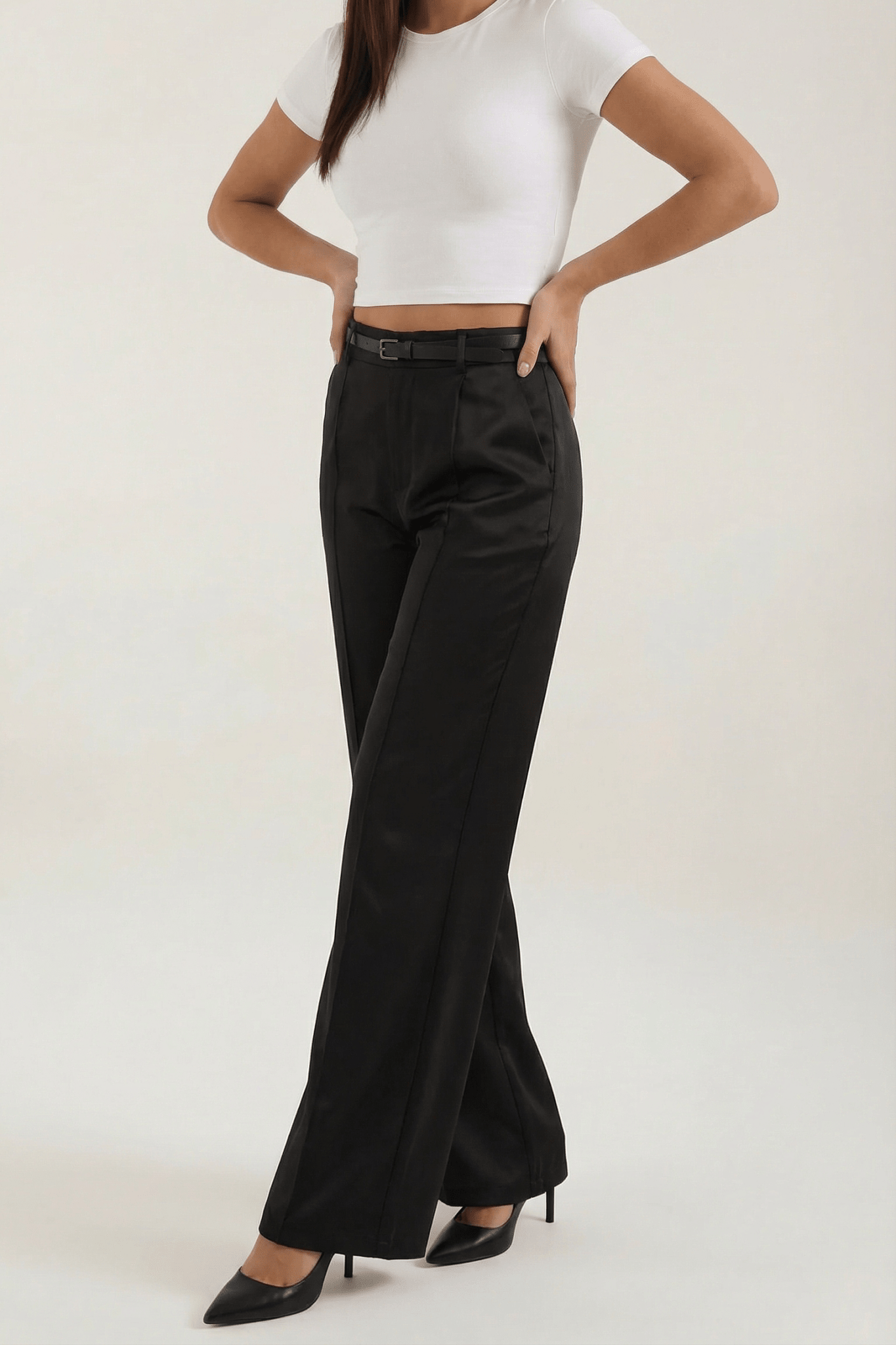 Trousers Women Wide Leg Fit Front Pleated Belted Waist - Evergreen Outfits - Women Pants