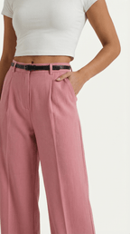 Trousers Women Wide Leg Fit Front Pleated Belted Waist - Evergreen Outfits - Women Pants