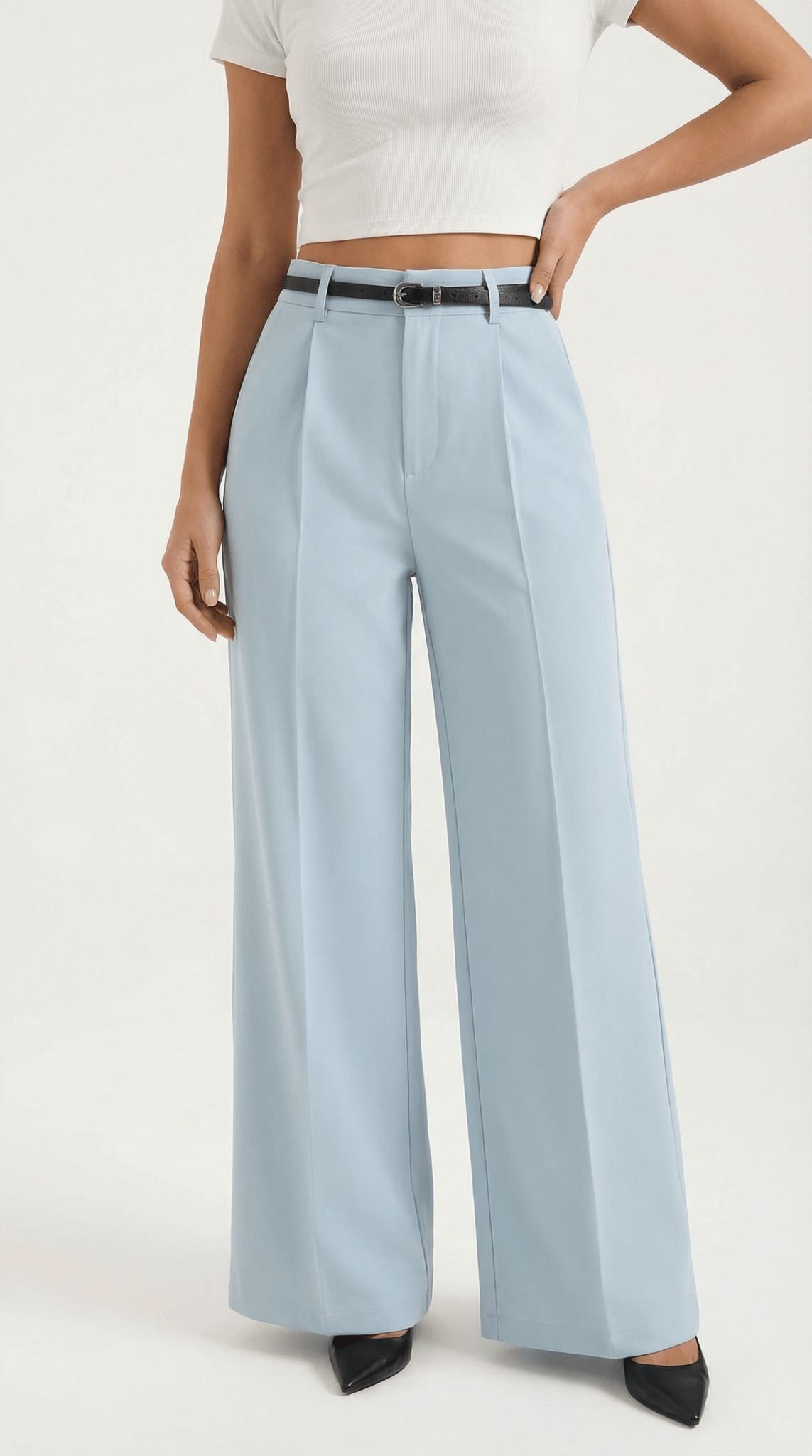 Trousers Women Wide Leg Fit Front Pleated Belted Waist - Evergreen Outfits - Women Pants
