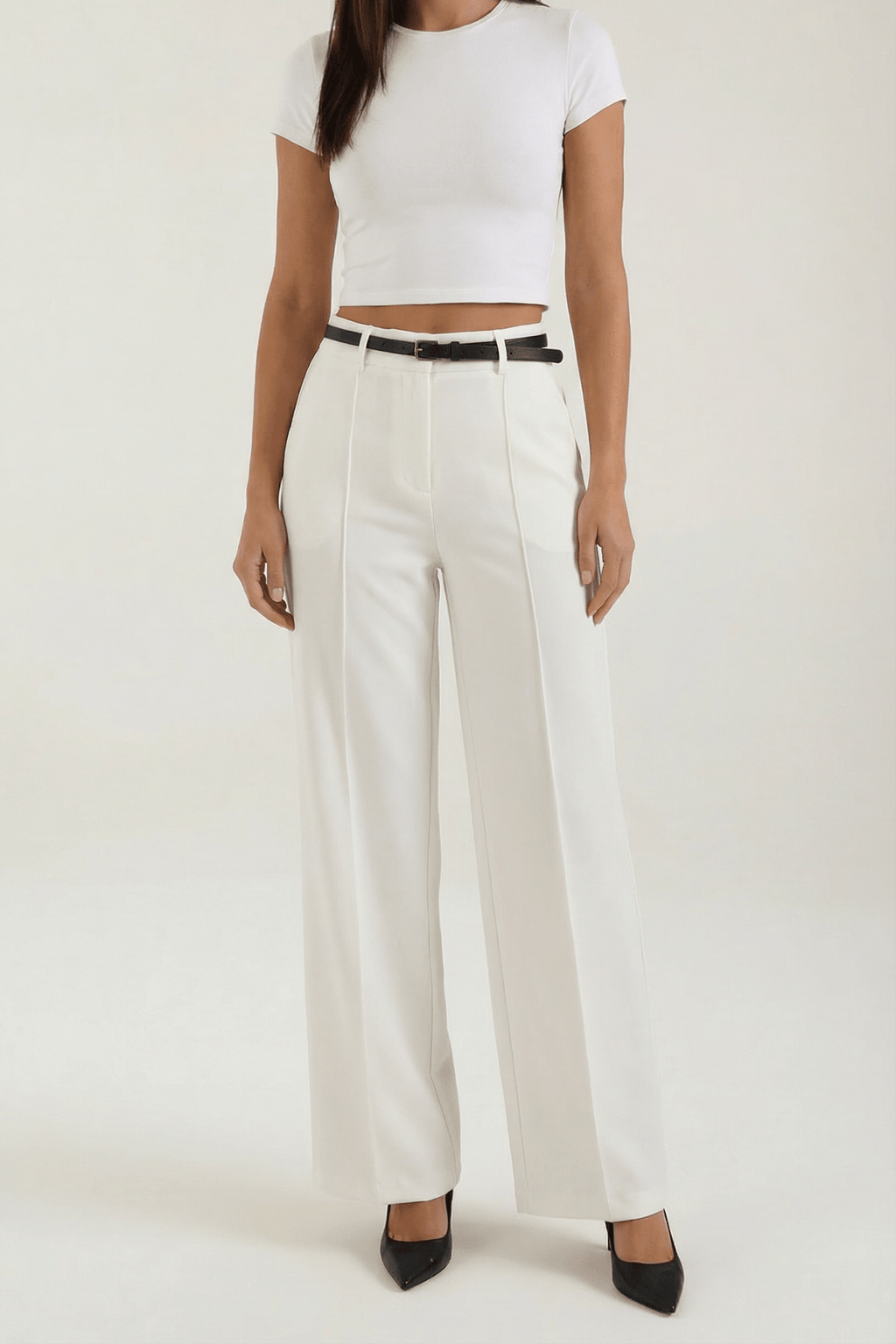 Trousers Women Wide Leg Fit Front Pleated Belted Waist - Evergreen Outfits - Women Pants