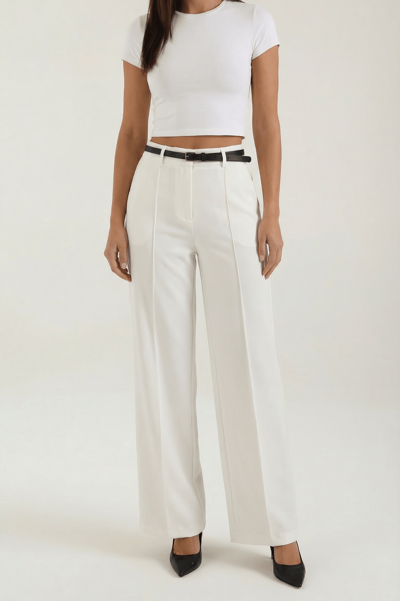 Trousers Women Wide Leg Fit Front Pleated Belted Waist - Evergreen Outfits - Women Pants