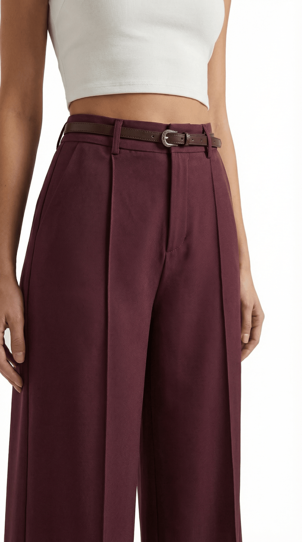 Trousers Women Wide Leg Fit Front Pleated Belted Waist - Evergreen Outfits - Women Pants