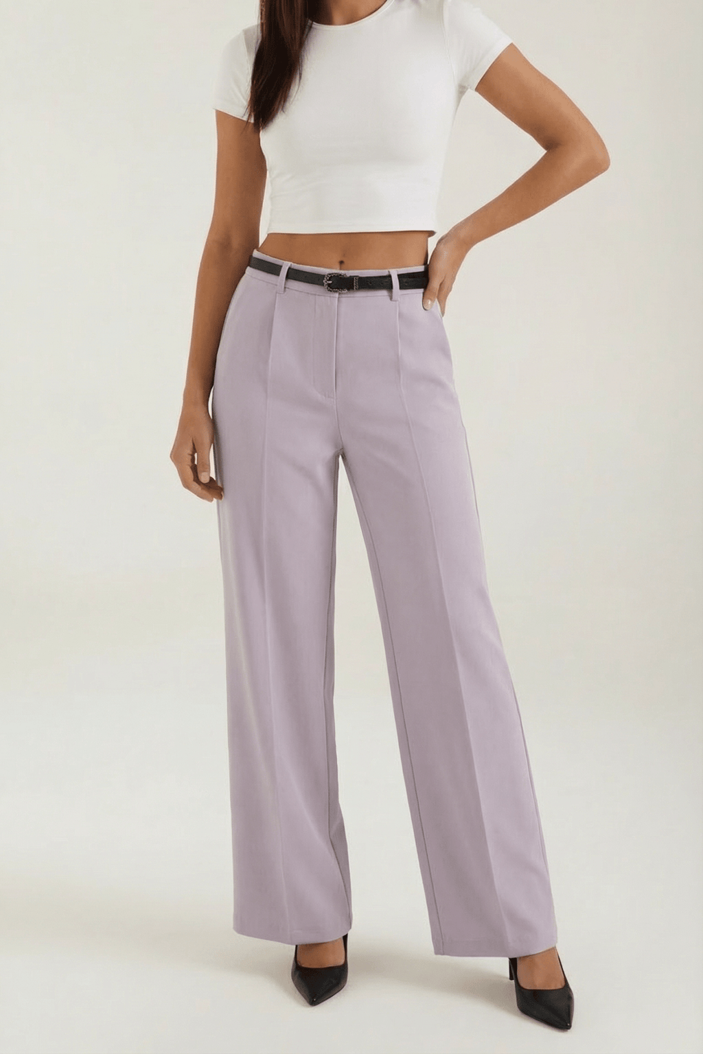 Trousers Women Wide Leg Fit Front Pleated Belted Waist - Evergreen Outfits - Women Pants