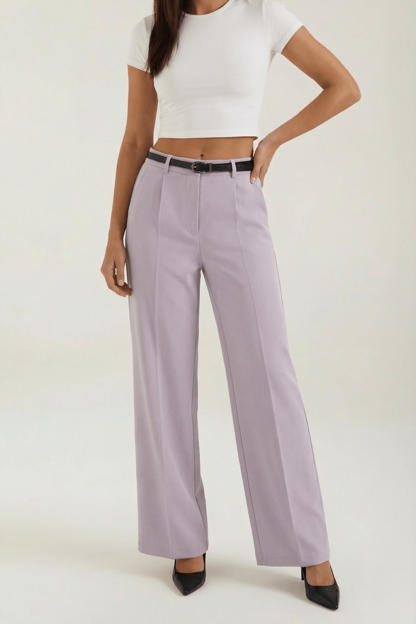 Trousers Women Wide Leg Fit Front Pleated Belted Waist - Evergreen Outfits - Women Pants