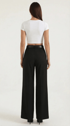 Trousers Women Wide Leg Fit Front Pleated Belted Waist - Evergreen Outfits - Women Pants
