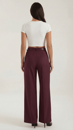Trousers Women Wide Leg Fit Front Pleated Belted Waist - Evergreen Outfits - Women Pants