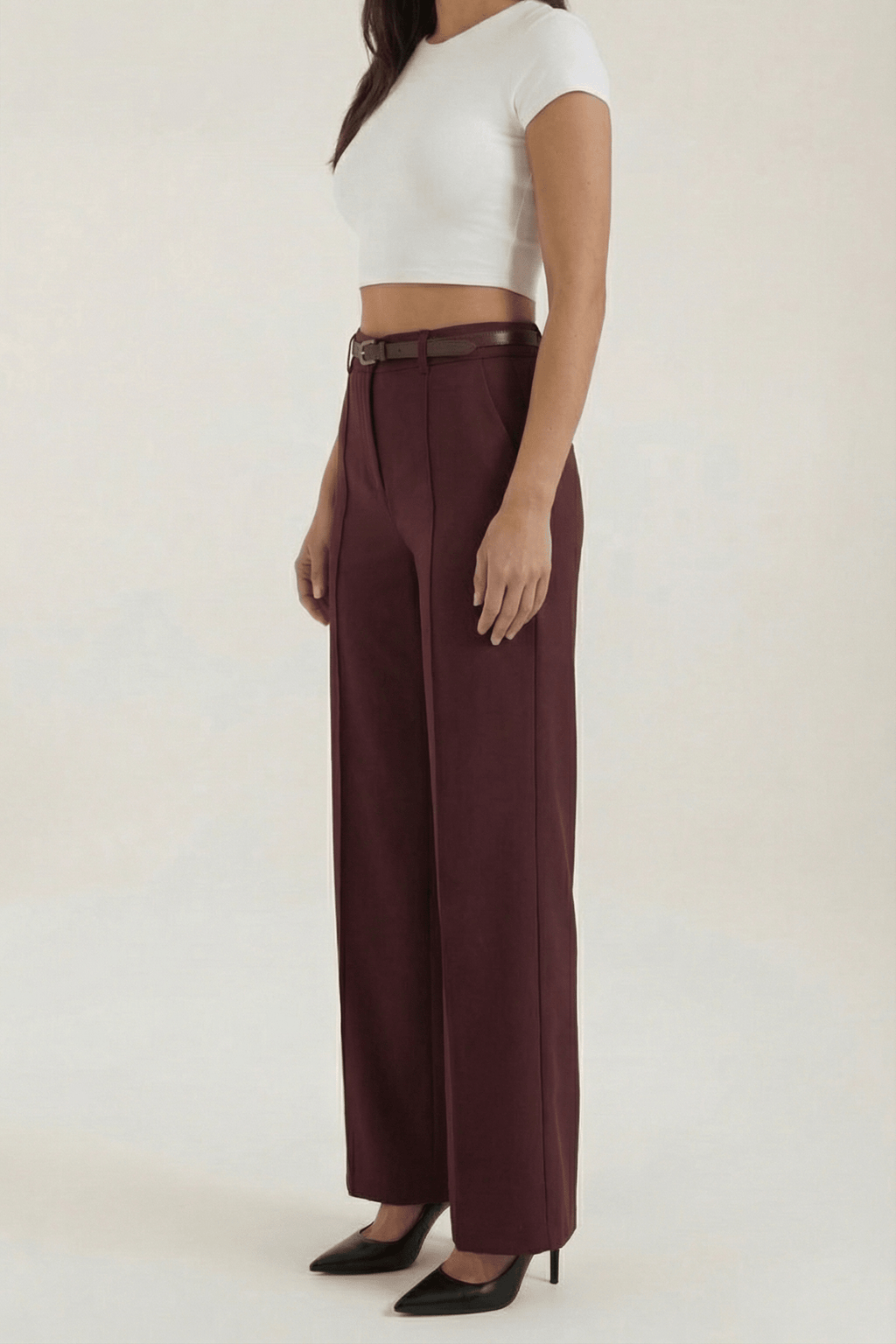 Trousers Women Wide Leg Fit Front Pleated Belted Waist - Evergreen Outfits - Women Pants