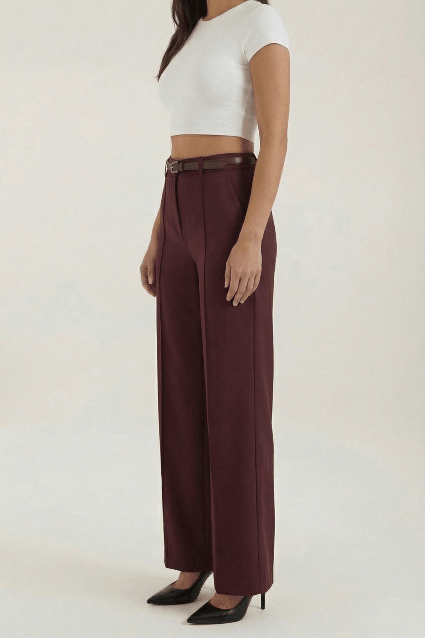 Trousers Women Wide Leg Fit Front Pleated Belted Waist - Evergreen Outfits - Women Pants