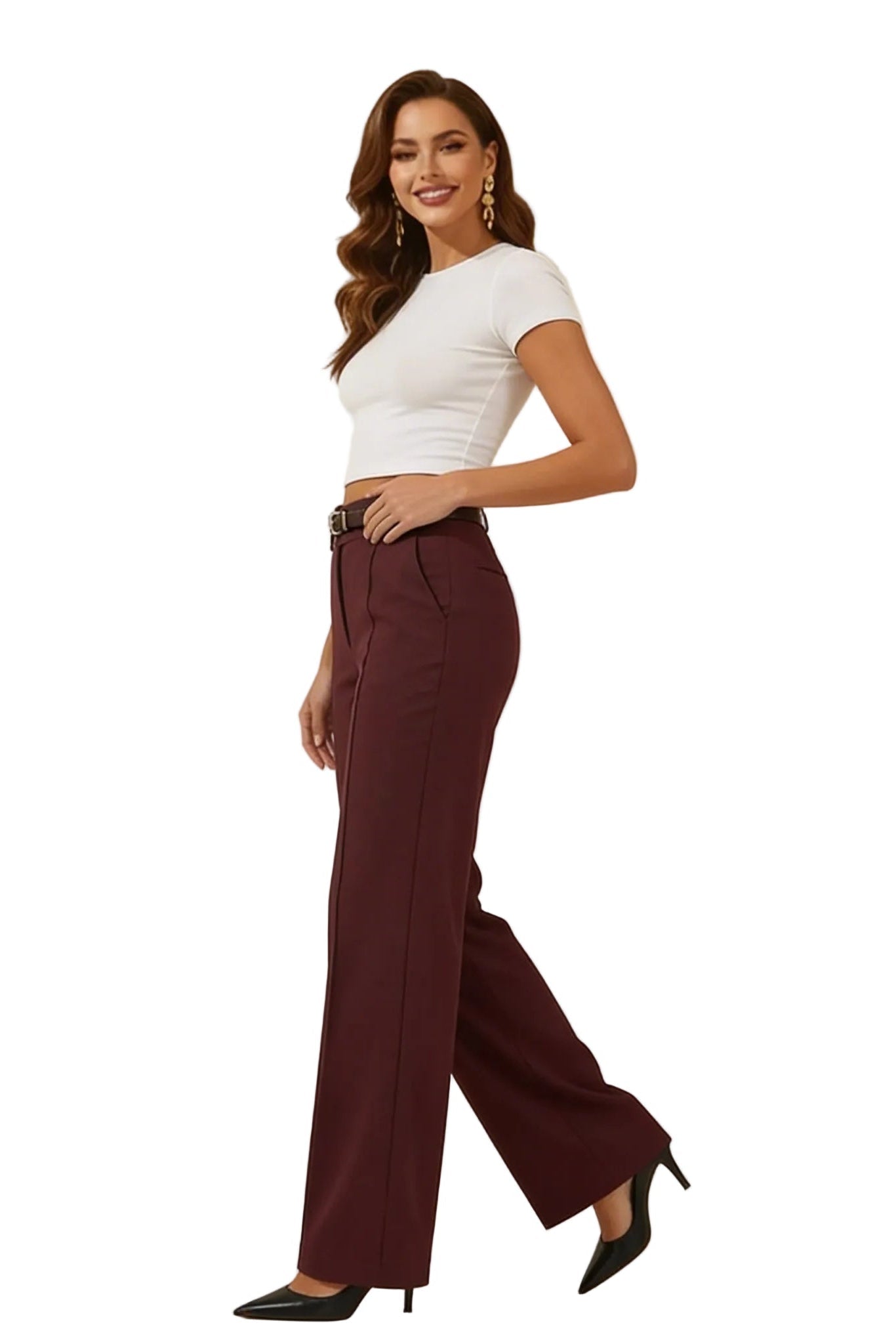 Trousers Women Wide Leg Fit Front Pleated Belted Waist - Evergreen Outfits - Women Pants