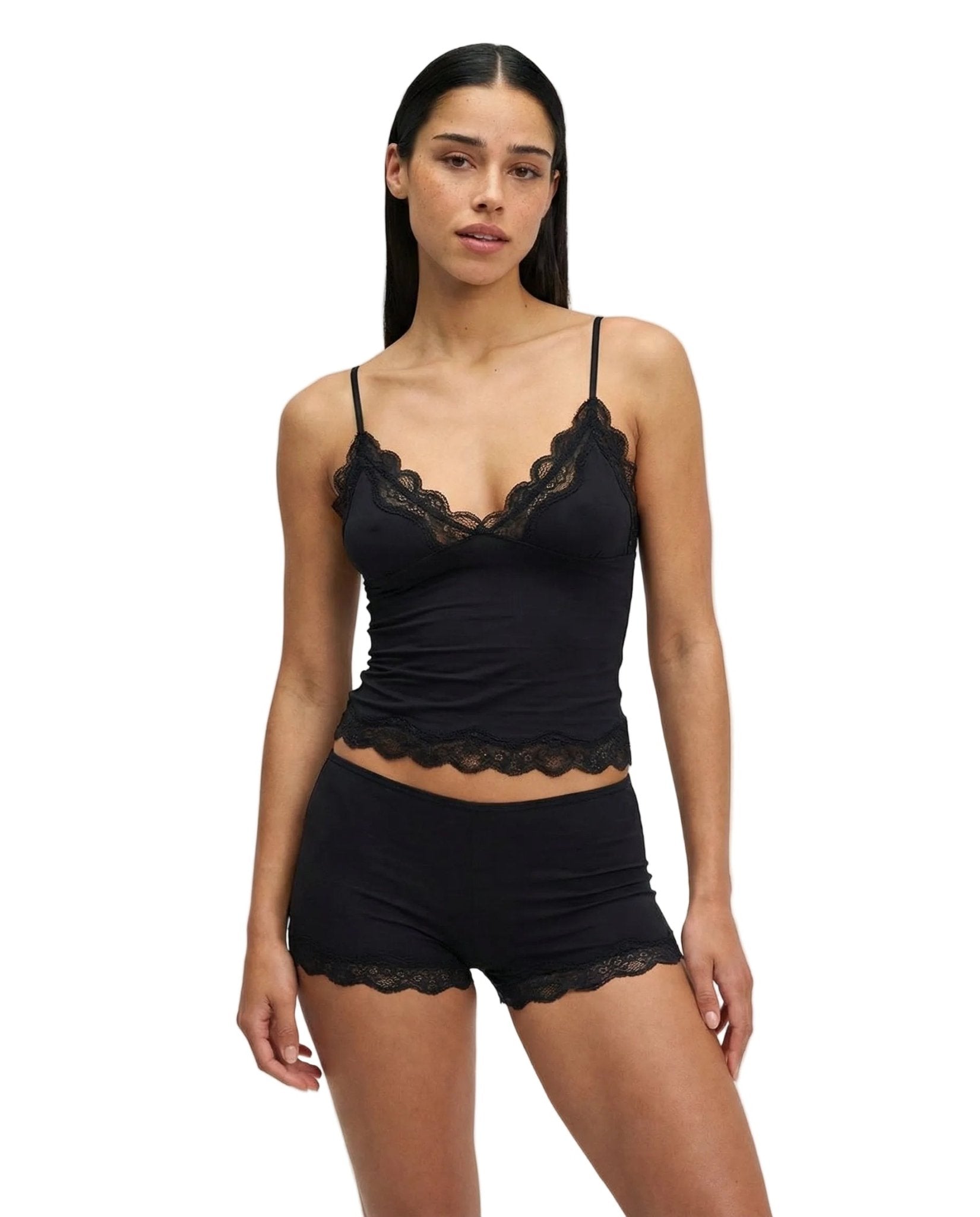 Two Piece Set Women Fitted Lace Trim Adjustable Straps - Evergreen Outfits - Women Sleepwear