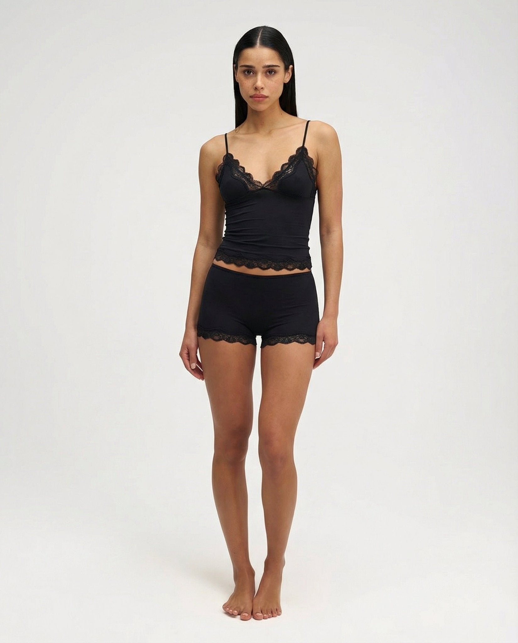 Two Piece Set Women Fitted Lace Trim Adjustable Straps - Evergreen Outfits - Women Sleepwear