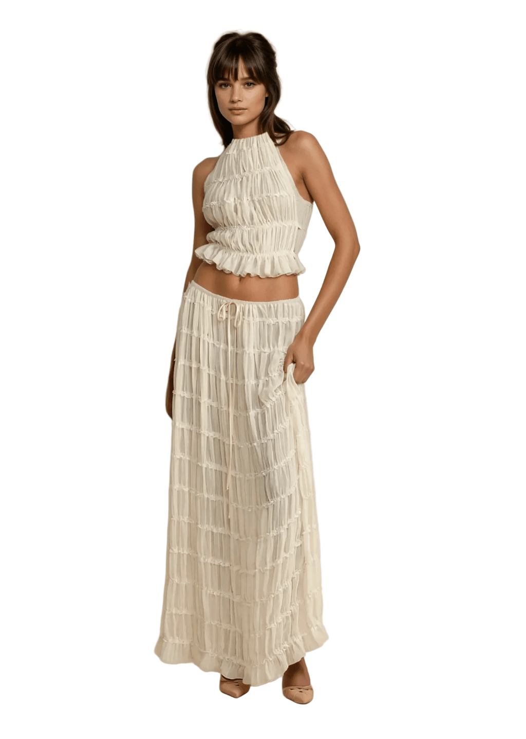 Two Piece Set Women Halter Neck Sleeveless Maxi Skirt - Evergreen Outfits - Women Set