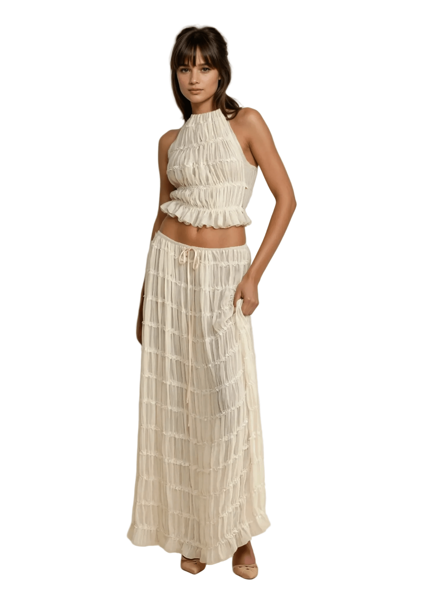 Two Piece Set Women Halter Neck Sleeveless Maxi Skirt - Evergreen Outfits - Women Set