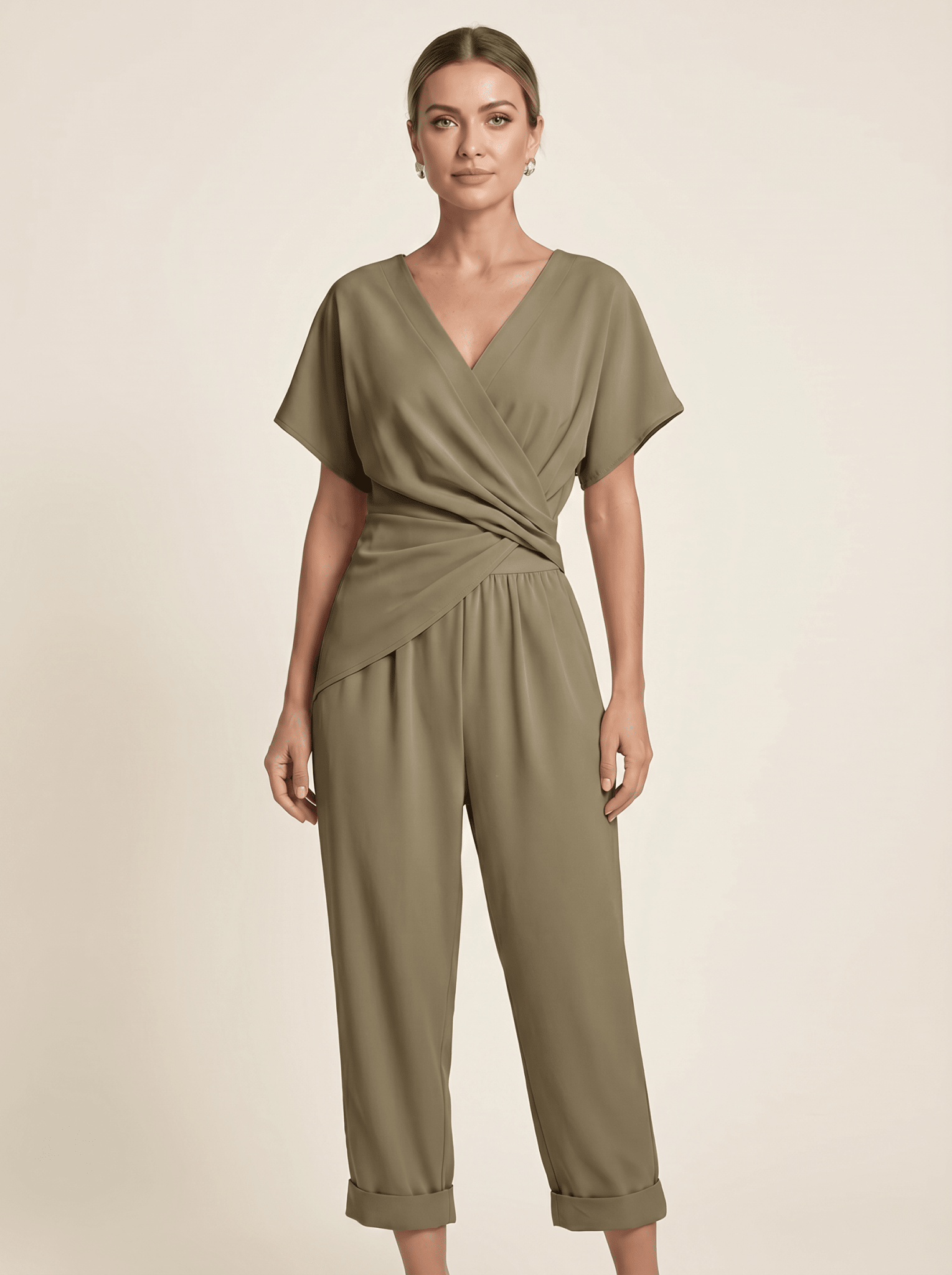 Two Piece Set Women Long Sleeve Top Wide Leg Trousers - Evergreen Outfits - Women Set