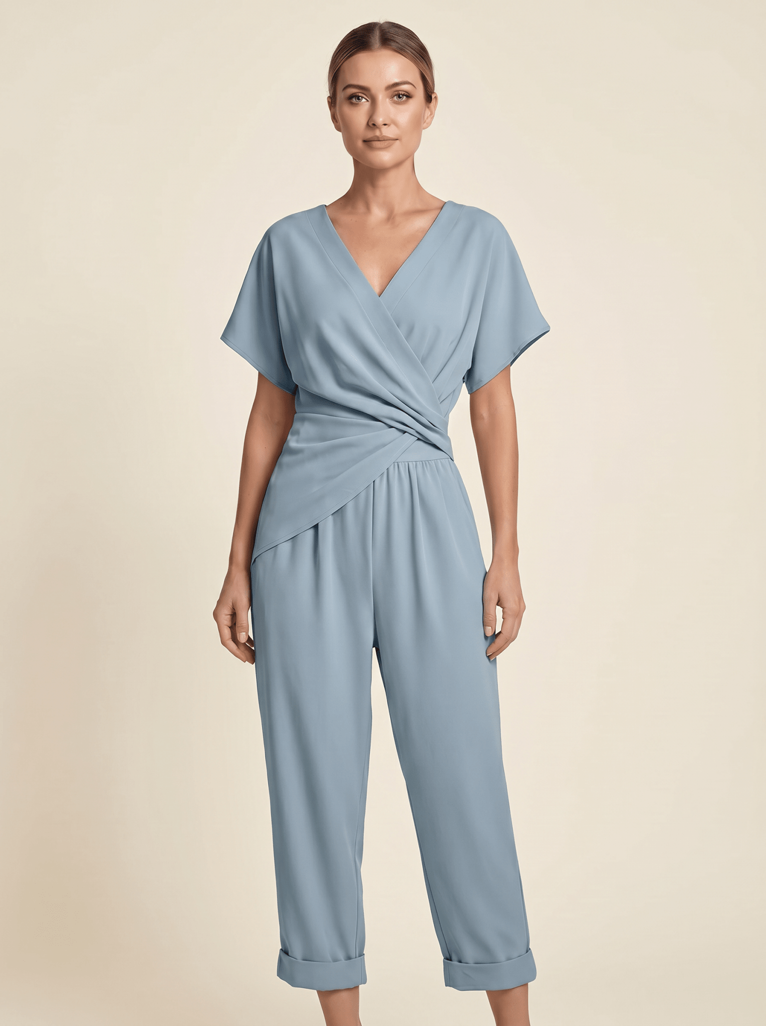 Two Piece Set Women Long Sleeve Top Wide Leg Trousers - Evergreen Outfits - Women Set