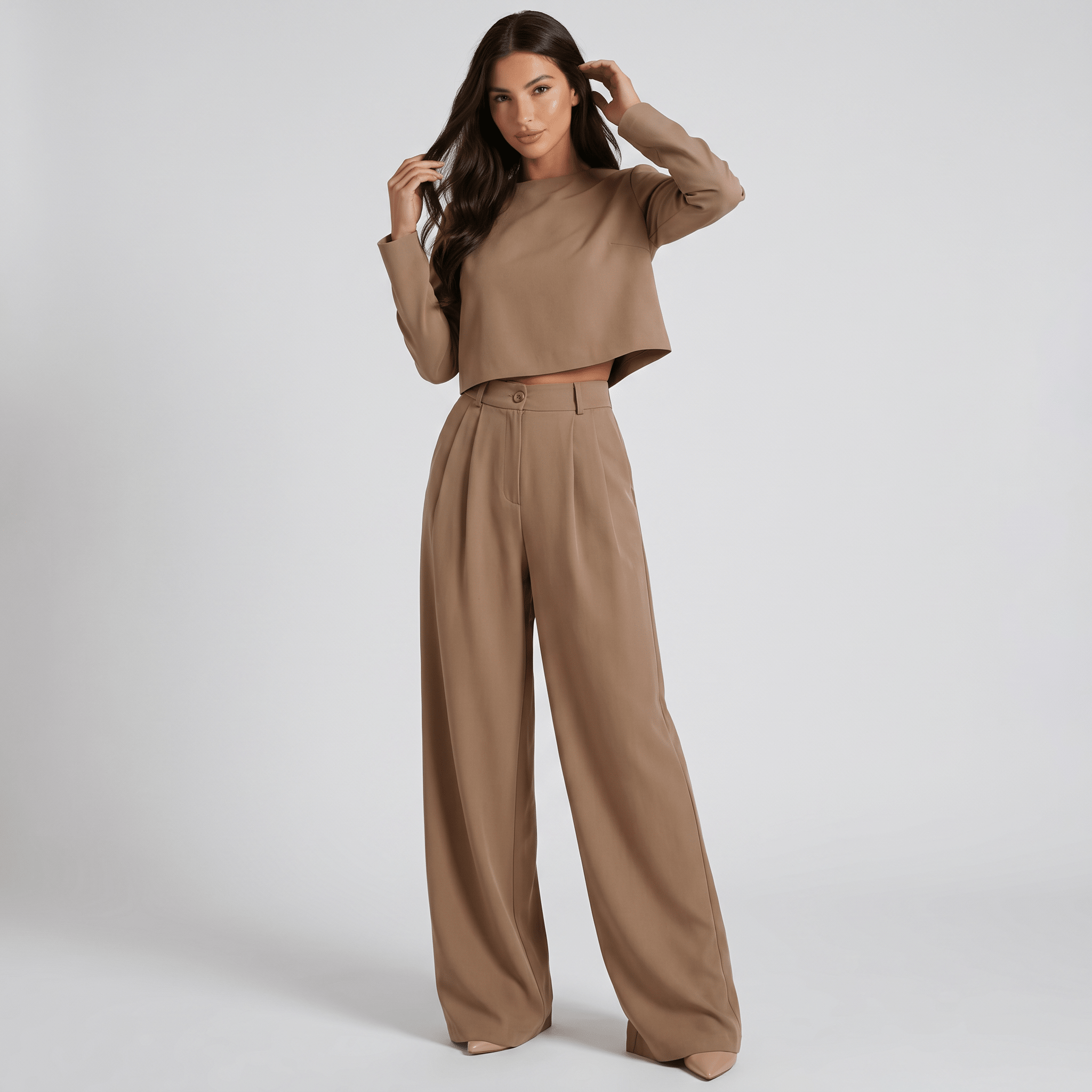 Two Piece Set Women Relaxed Fit Long Sleeve Round Neck - Evergreen Outfits - Women Set