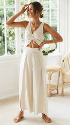 Two Piece Suit Women Sleeveless Strappy V Neck Top - Evergreen Outfits - Women Set